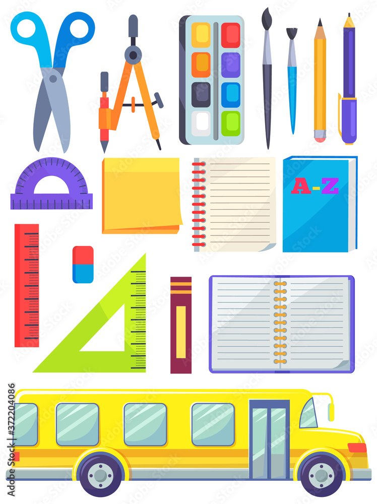 School supplies and bus for children vector. Scissors and notebook, mathematics devices, paintbrush and palette for art lessons. Ruler and eraser. Back to school concept. Flat cartoon School supplies and bus for children vector. Scissors and notebook, mathematics devices, paintbrush and palette for art lessons. Ruler and eraser. Back to school concept. Flat cartoon