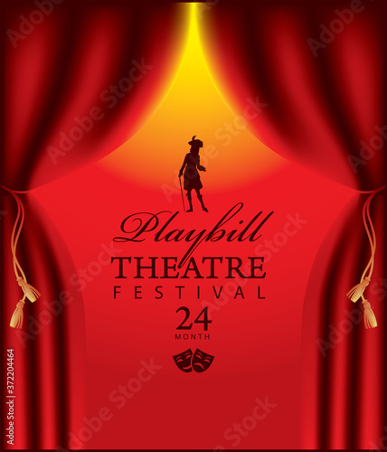 Poster for a Theatre festival with velvet theatrical curtains and silhouette of an actor in Baroque costume on a red background. Vector playbill in retro style on the theme of theater art