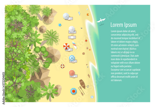 Map of the beach with houses (view from above). Summer holiday. Umbrellas and lounge chairs on the beach. (nobody here) Coastline with buildings, trees, umbrellas (top view).