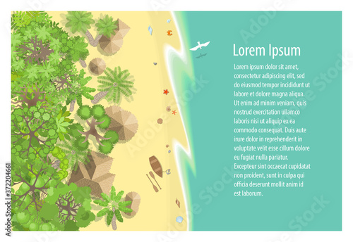 Summer beach. Sunny coast. (Top view) Time to travel - sun, beach, sea, palm. (View from above)