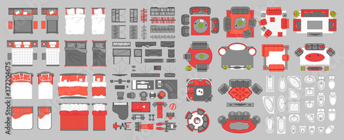 Icons set of interior. Furniture top view. Elements for the floor plan. (view from above). Furniture and elements for living room, bedroom,  bathroom, office.