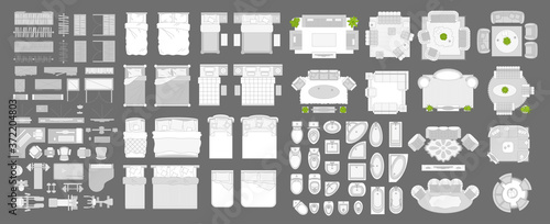 Icons set of interior. Furniture top view. Elements for the floor plan. (view from above). Furniture and elements for living room, bedroom,  bathroom, office.
