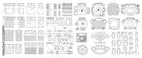 Set of linear icons. Interior top view. Furniture and elements for living room, bedroom, bathroom. Floor plan (view from above). Furniture store.