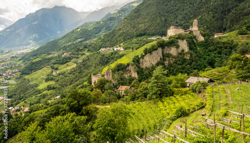 Tyrol Castle and Fontana castle with Venosta Valley in background, Merano, Trentino Alto Adige, northern italy - Europe