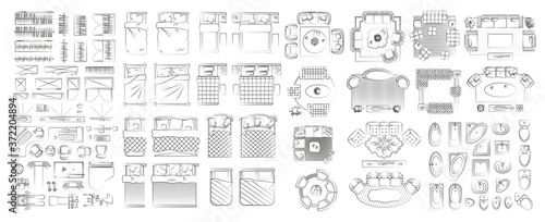 Set of linear icons. Interior top view. Furniture and elements for living room, bedroom, bathroom. Floor plan (view from above). Furniture store.