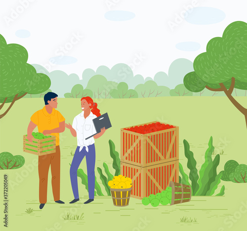 Smiling people selling apples, local product. Harvesting and picking apples in wooden containers, green trees, rustic product, business and laptop vector. Pick apples concept. Flat cartoon