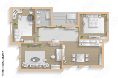 Apartment floor plan. (top view) Furnished flat. (view from above) Interior architecture. Living room, bedroom, kitchen, bathroom, office. 