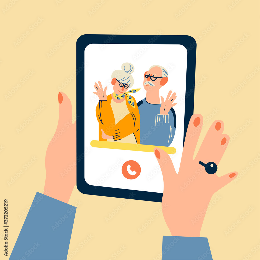 Hand holding tablet with couple of seniors on screen. Online video call to  aged parents or elderly grandparents. Family love, relationship, support,  communication on distance. Stock Illustration | Adobe Stock