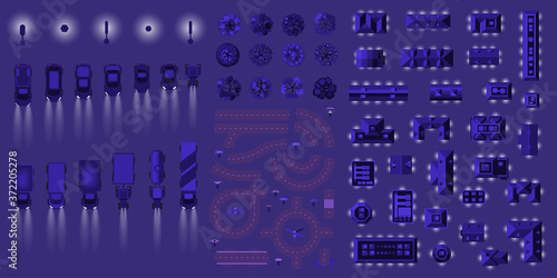 Vector isolated set. Night city. Top view. Collection for the night cityscape. House, car, lantern, tree, road. View from above. 