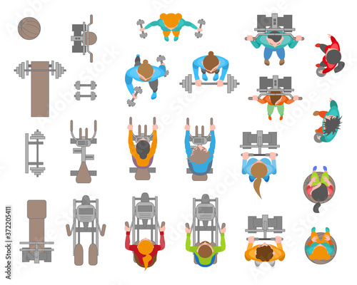 People and fitness equipment. Top view. Bodybuilders. Vector set. Training apparatus. View from above.