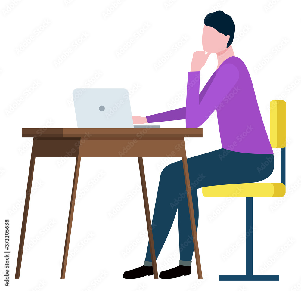 Broker collaboration, worker sitting at desk on chair and working at computer isolated, side view. Vector man agent or consultant at workplace, executive worker in suit Broker collaboration, worker sitting at desk on chair and working at computer isolated, side view. Vector man agent or consultant at workplace, executive worker in suit
