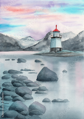 Watercolor illustration of an evening landscape with a lighthouse, a rocky seashore, range of mountains and sunset sky 