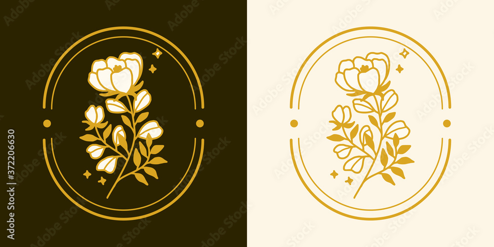 Vector feminine logo design templates in trendy linear minimal style. Peony, rose flowers and botanical leaf branch. Emblem, symbols and icons for cosmetics, jewellery, beauty and handmade products Vector feminine logo design templates in trendy linear minimal style. Peony, rose flowers and botanical leaf branch. Emblem, symbols and icons for cosmetics, jewellery, beauty and handmade products