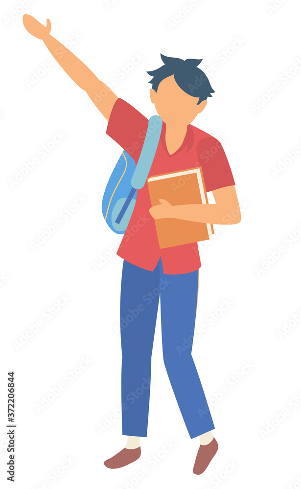 Schoolboy raising hand up vector, isolated personage holding books carrying satchel on shoulders. Character at school, education kid gesturing flat style. Back to school concept. Flat cartoon