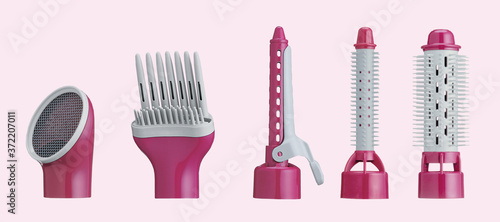 Set of hair dryer head on sweet pink background. Hair Blow, Curling iron, hair straightener. Hot styling, hair care.