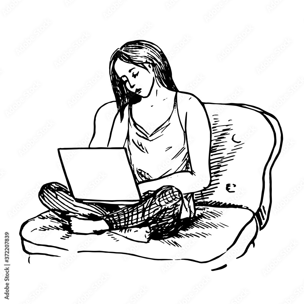 Girl sitting on sofa and working on laptop on legs, hand drawn ink doodle, sketch, black and white vector illustration Girl sitting on sofa and working on laptop on legs, hand drawn ink doodle, sketch, black and white vector illustration