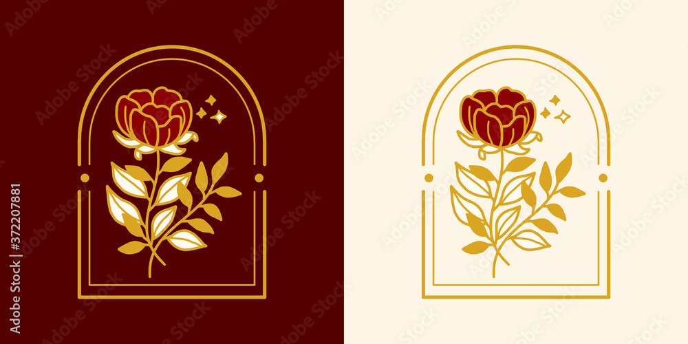 Vintage feminine logo design templates in trendy linear minimal style. Peony, rose flowers and botanical leaf branch. Emblem, symbols and icons for cosmetics, jewellery, beauty and handmade products