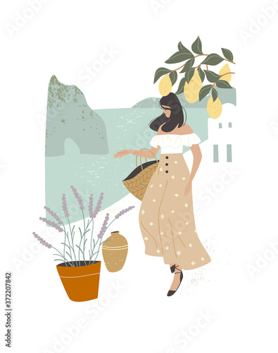 Girl woman traveling walking around in Greece. Lady take a walk by down by the bay seashore