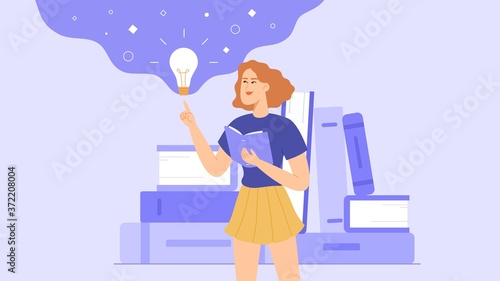 A student or schoolgirl reads a book. While reading, the girl comes up with an idea. A stack of books is on the background.
