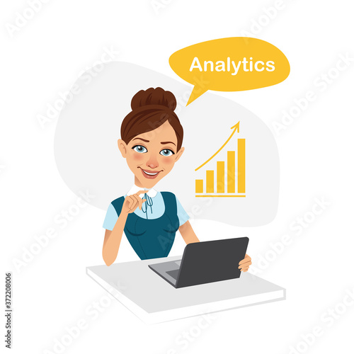 Girl is engaged in analytics. Business character