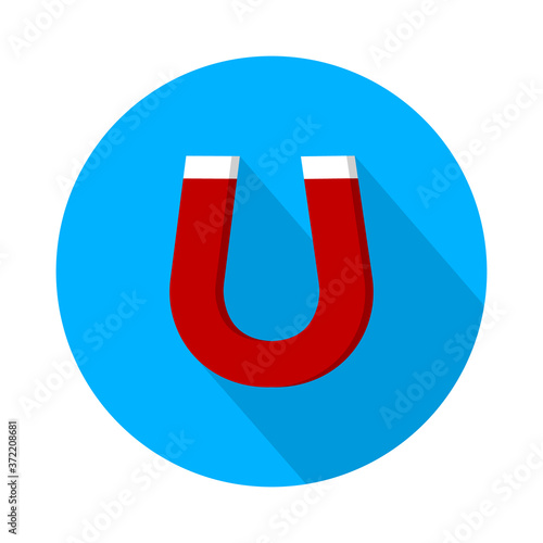 Magnet icon vector. Flat red horseshoe in circle with shadow. Magnetism symbol. Magnetic equipment. vector