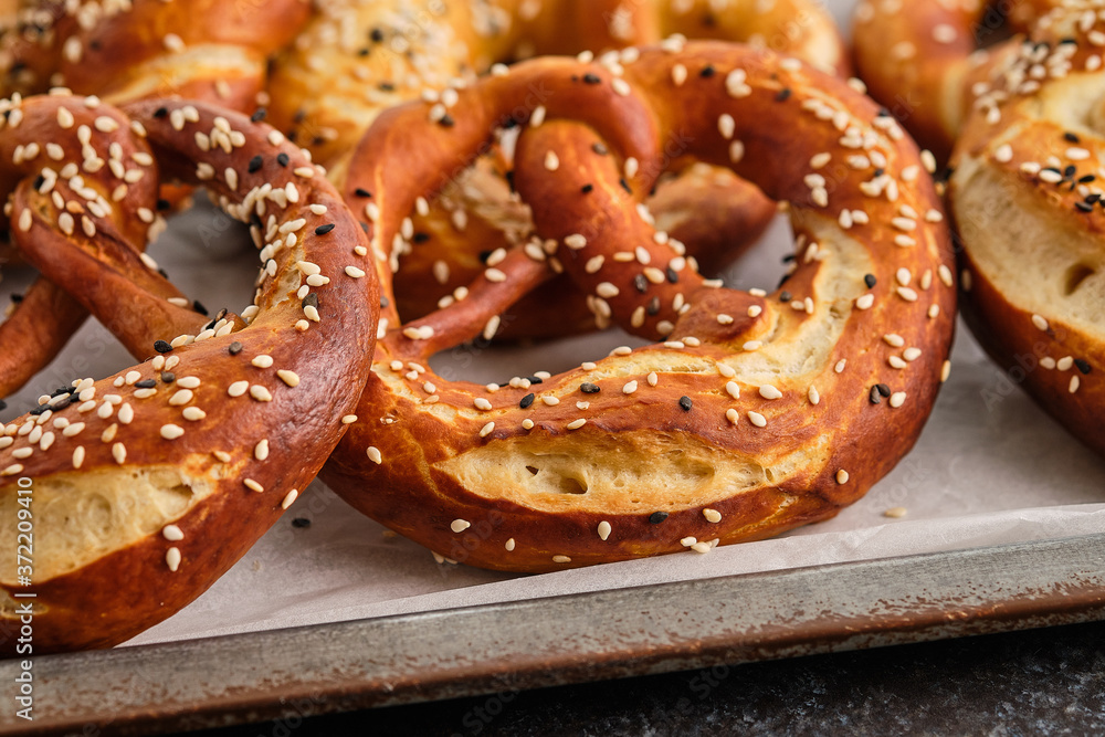 Homemade whole meal pretzels with sesame and salt. Oktoberfest. Homemade whole meal pretzels with sesame and salt. Oktoberfest.