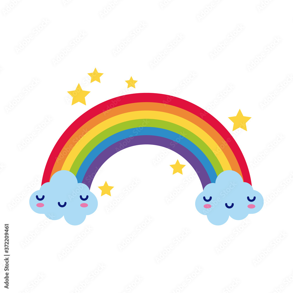 cute rainbow with clouds kawaii characters and stars flat style icon