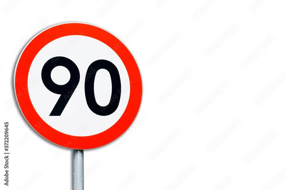 Speed limit sign isolated on white. Ninety kilometers per hour. Safety on road background. Object with empty copy space. Speed limit sign isolated on white. Ninety kilometers per hour. Safety on road background. Object with empty copy space.