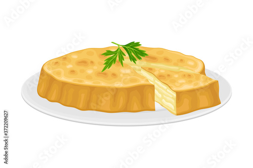 Pie with Savory Stuffing as Spanish Cuisine Dish Served on Plate Vector Illustration