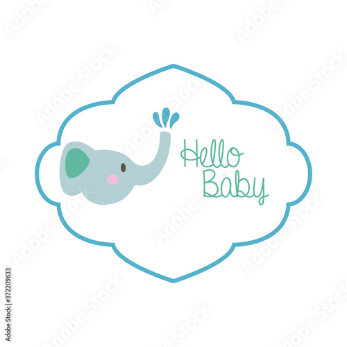 baby shower frame card with elephant and hello baby lettering hand draw style