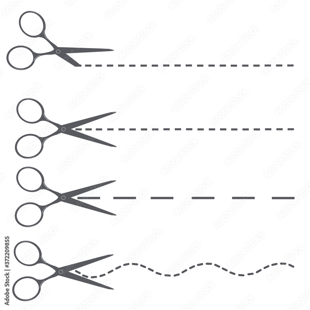 Scissors cut a sheet of paper along dotted lines of different shapes: straight, wavy. Cut out the liner, krupon along the cutting line. Sharp scissors, stationery for school.
Vector image. Scissors cut a sheet of paper along dotted lines of different shapes: straight, wavy. Cut out the liner, krupon along the cutting line. Sharp scissors, stationery for school.
Vector image.