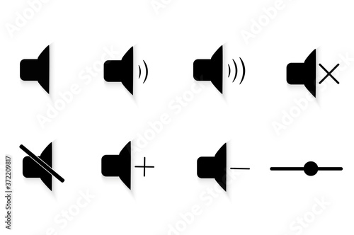 Collection of signs of a sound signal. Volume addition signs on a mobile device. Crossed out icon, prohibition to use the phone with the sound on. Turn off the sound, go into silent mode. Vector image