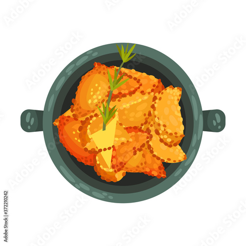 Stuffed Pastry or Dumplings Garnished with Herb as Spanish Cuisine Dish Served in Bowl Vector Illustration