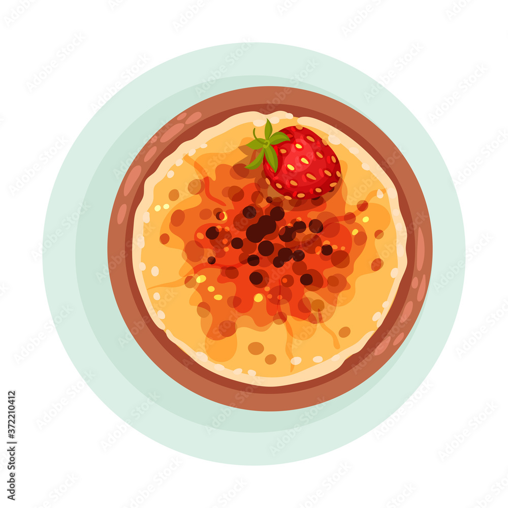 Flan Pudding Garnished with Strawberry as Spanish Cuisine Dessert Served on Plate Vector Illustration Flan Pudding Garnished with Strawberry as Spanish Cuisine Dessert Served on Plate Vector Illustration