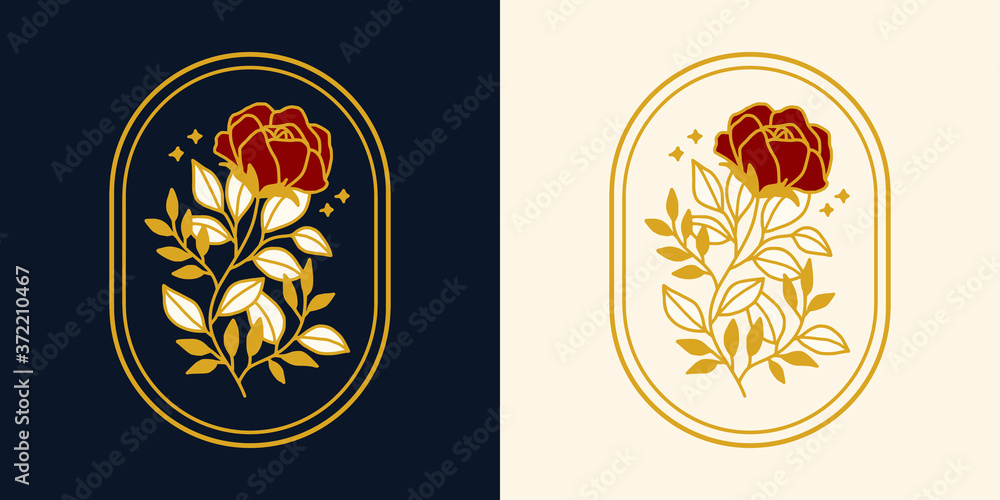 Vector feminine logo design templates in trendy linear minimal style. Peony, rose flowers and botanical leaf branch. Emblem, symbols and icons for cosmetics, jewellery, beauty and handmade products