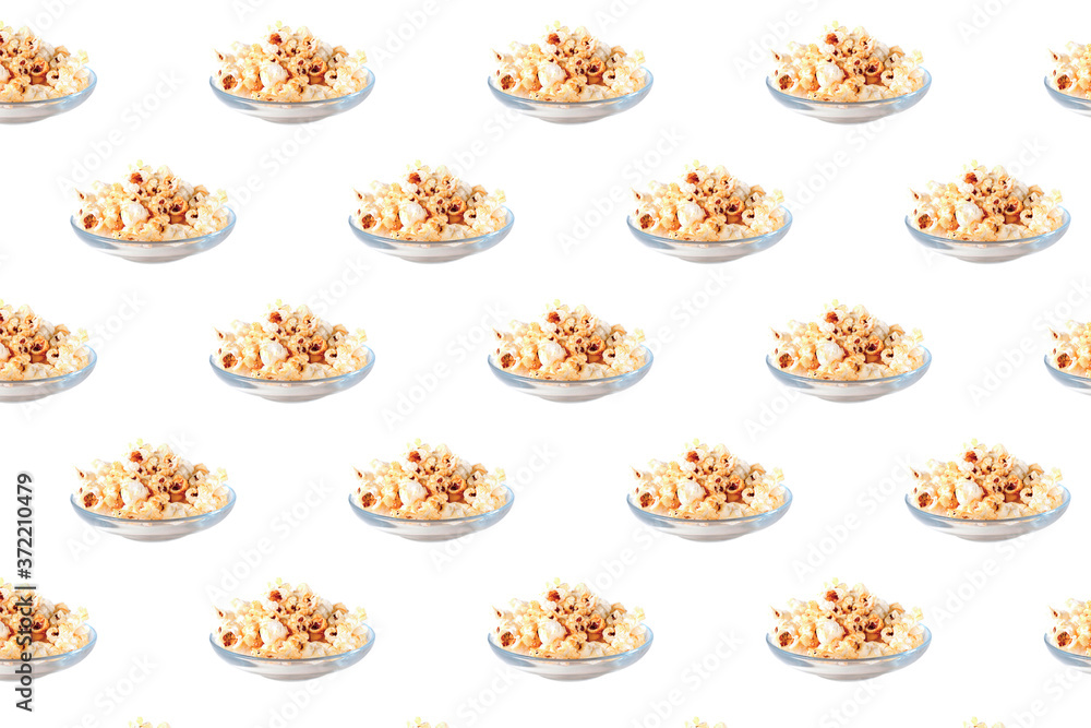 Popcorn seamless pattern on a glass plate on a white background Popcorn seamless pattern on a glass plate on a white background