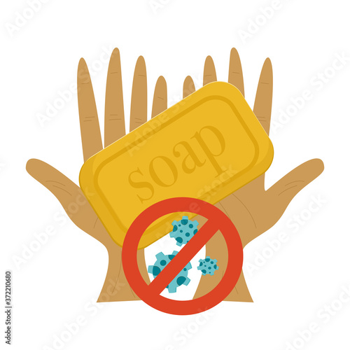 Logo of clean hands during the quarantine period. Isolated on white background hands with soap and water and is crossed by the microbes. Flat style illustration. Promotion of clean hands.