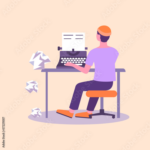 Screenwriter editor at typewriter. Male character typing text on retro equipment crumpled sheets of paper flying to floor proofreading of documentation creative mechanical vector journalism.