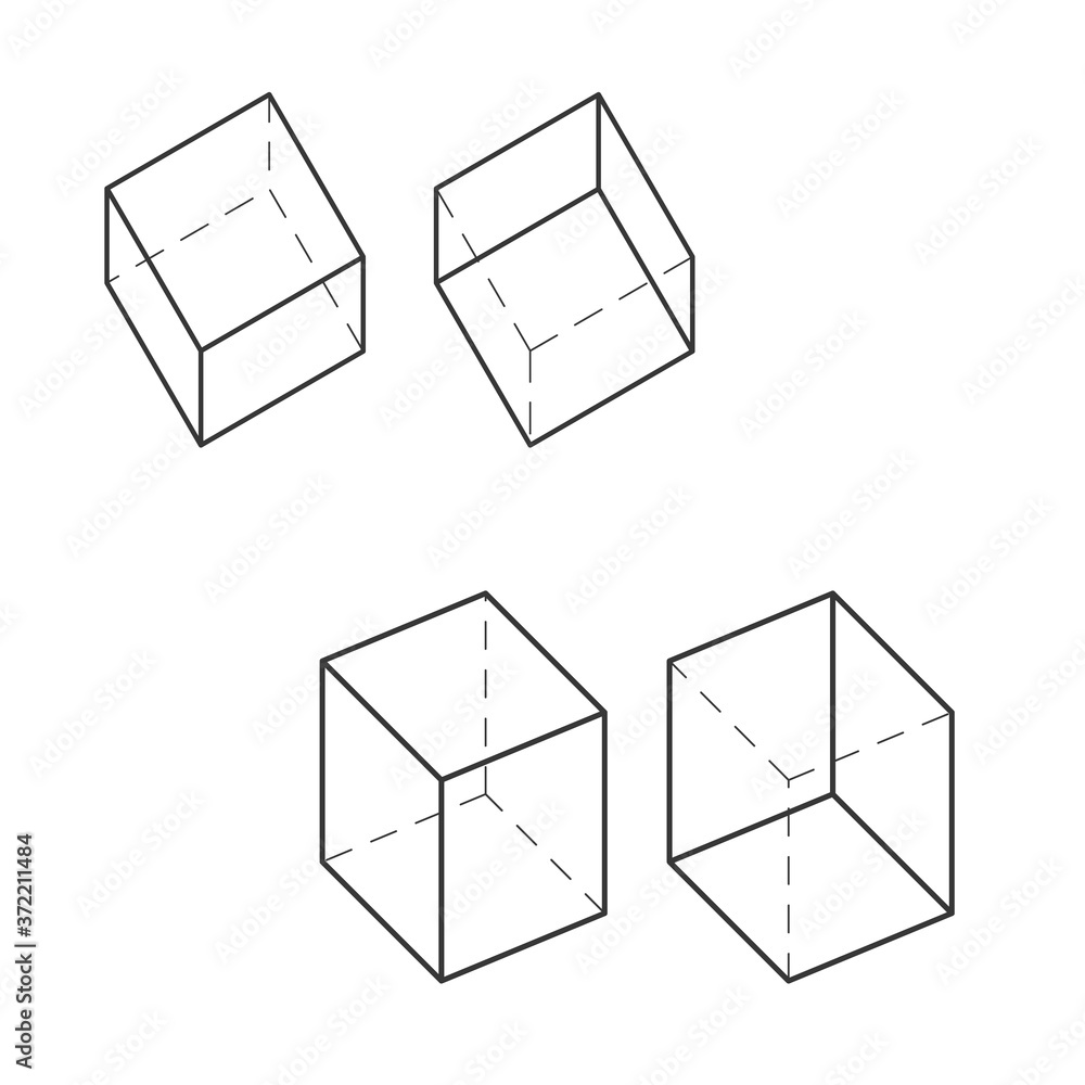 Box technical 3D drawing. Orthographic view two point perspective