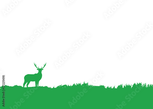 Simple flat background with deer silhouette standing in grass. Wild animal illustration for national park, reserve or sanctuary in vector
