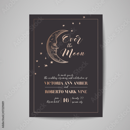 Save the Date Luxury Card, Wedding Celestial Invitation with Moon and Starry sky with Gold Foil Frame