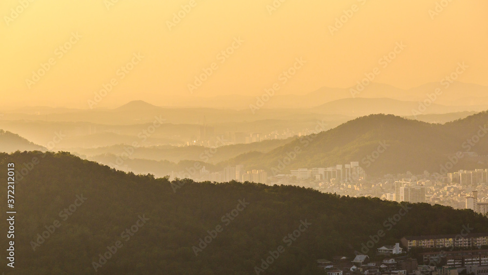 Beautiful view of Seoul from the Asan Mountain at sunrise, South Korea