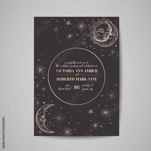 Save the Date Luxury Card, Wedding Celestial Invitation with Moon and Starry sky with Gold Foil Frame