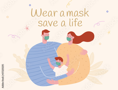 Family wear face mask illustration