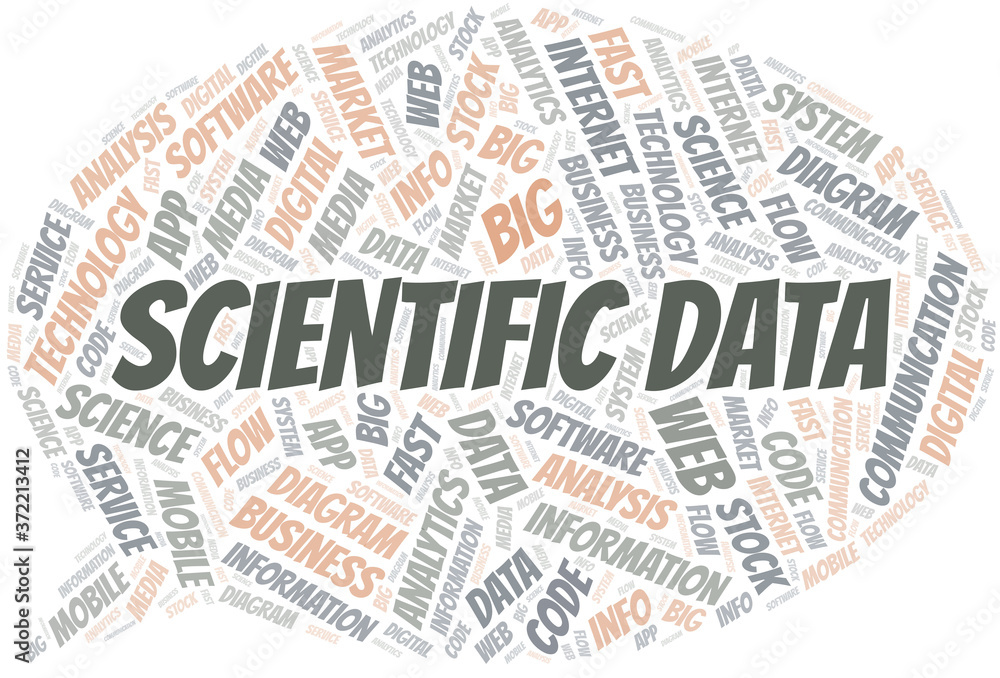 Scientific Data vector word cloud, made with text only.