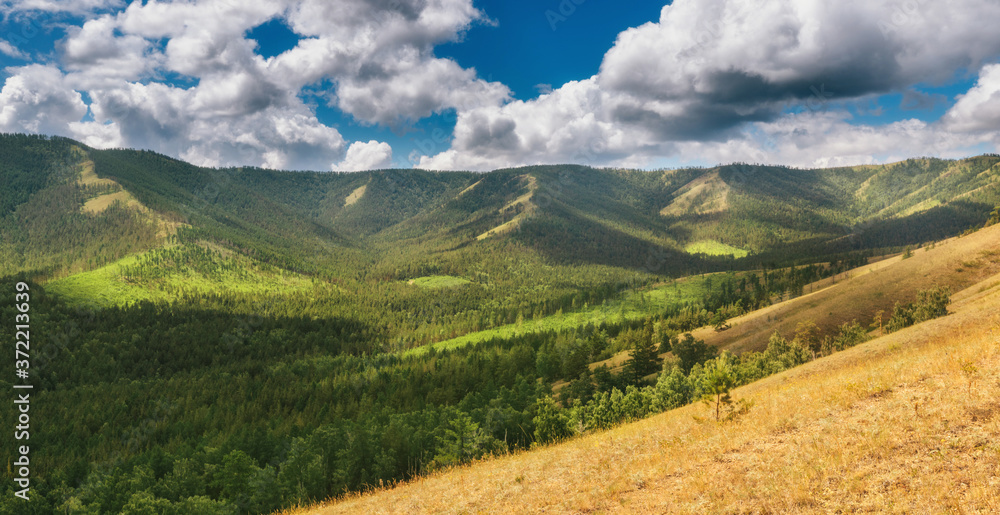 Panoramic landscape of yellow meadow on top of the mountains or hills. Nature park reservations and outdoor environment Panoramic landscape of yellow meadow on top of the mountains or hills. Nature park reservations and outdoor environment
