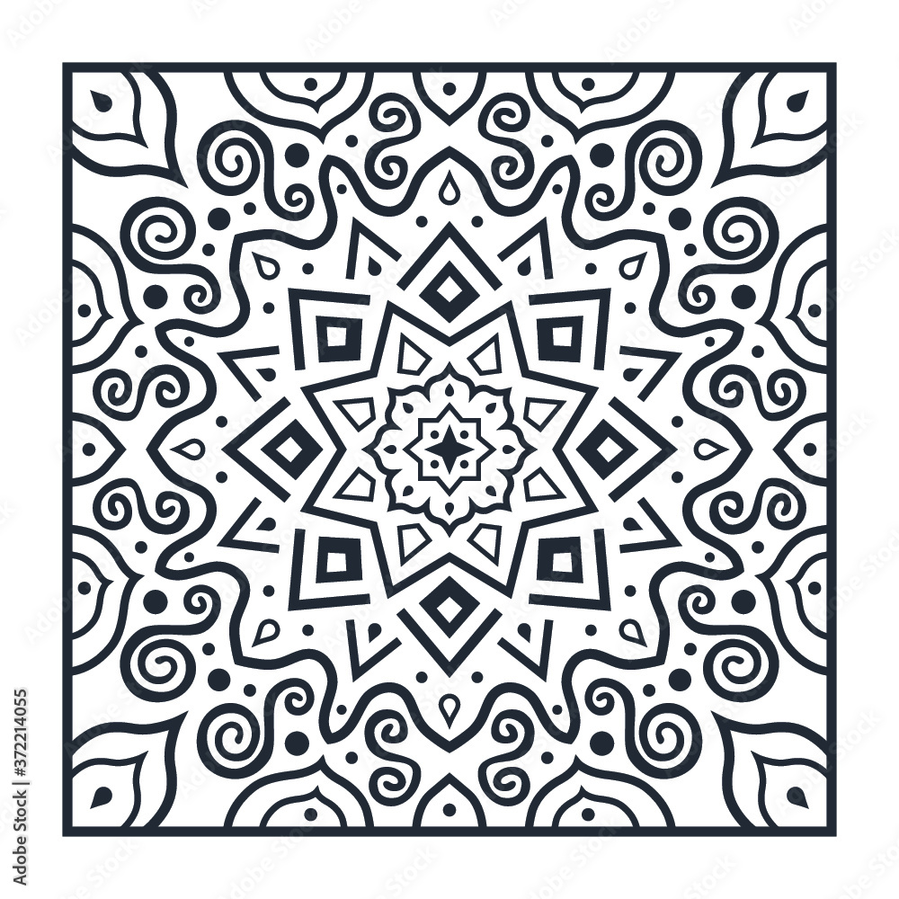 Decoration from a silhouette of octopus, circles, swirling lines in a square, central element of flower star. Print for the cover of the book, postcards, t-shirts. Illustration for rugs. Decoration from a silhouette of octopus, circles, swirling lines in a square, central element of flower star. Print for the cover of the book, postcards, t-shirts. Illustration for rugs.