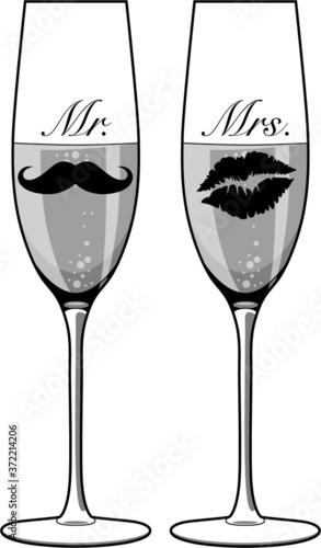 Professional vector illustration of a Mr and Mrs Wedding Champagne Glass - Line Drawing, Black and White, Drinks
