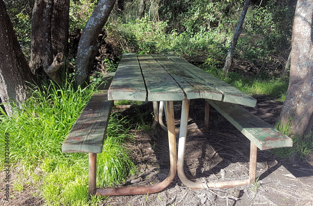 wooden garden bench and table under shady trees wooden garden bench and table under shady trees