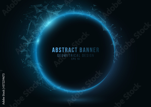 Geometric banner of glowing triangles plexus on a dark background. Blue glowing connected triangular elements. Scientific background for your project. Vector illustration.